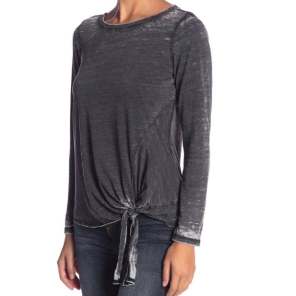 SUSINA Black/Grey Long Sleeve Burnout Side Tie T-Shirt Size S